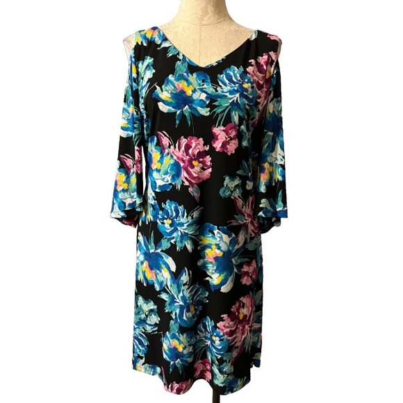 Connected Blue Pink Floral Short Sleeve Stretch Dress Washable 16 NEW - Picture 1 of 6